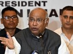 Congress party President Mallikarjun Kharge addresses a press conference in Srinagar on September 11, 2024. (Photo by Tauseef MUSTAFA / AFP)