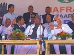 Congress President Mallikarjun Kharge with party leader Ghulam Ahmad Mir and Jammu and Kashmir National Conference (JKNC) President Farooq Abdullah during a public meeting for Jammu and Kashmir Assembly elections, in Anantnag. 