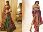 Sara Ali Khan's latest appearance featured her in an heirloom lehenga crafted of vintage brocade sarees; Priyanka Chopra's NMACC look from 2023 featured her in a couture gown crafted of a vintage Banarasi brocade saree(Photos: Instagram/mayyurgirotracouture, priyankachopra)