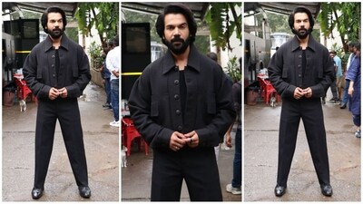 Rajkummar Rao nailed an all-black look with a plain T-shirt, denim jacket, and straight-fit pants. He completed his dapper style with a beard and shiny shoes. (HT photo/VarinderChawla) Rajkummar Rao nailed an all-black look with a plain T-shirt, denim jacket, and straight-fit pants. He completed his dapper style with a beard and shiny shoes. (HT photo/VarinderChawla)