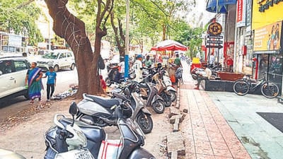 35% pedestrians use the Fatimanagar footpath that is mostly occupied by parked vehicles. A wider footpath could accommodate more users. (HT PHOTO) 35% pedestrians use the Fatimanagar footpath that is mostly occupied by parked vehicles. A wider footpath could accommodate more users. (HT PHOTO)