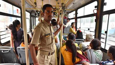 A bus marshal on duty, in 2019. (HT Archive) A bus marshal on duty, in 2019. (HT Archive)