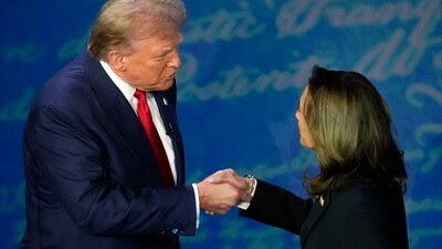 Republican presidential nominee former President Donald Trump shakes hands with Democratic presidential nominee Vice President Kamala Harris during an ABC News presidential debate at the National Constitution Center, Tuesday, Sept.10, 2024, in Philadelphia. AP/PTI(AP09_11_2024_000032A) (AP)