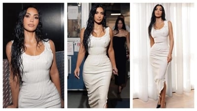 No one nails bodycon dresses like Kim Kardashian. And not just any regular curve-hugging bodycon dress, she always experiments with a bold finesse, and this time she wore a white Balenciaga dress that was tailored to look like molten wax. No one nails bodycon dresses like Kim Kardashian. And not just any regular curve-hugging bodycon dress, she always experiments with a bold finesse, and this time she wore a white Balenciaga dress that was tailored to look like molten wax. 