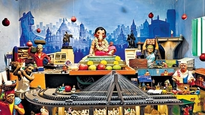 Mumbai, India - Sept. 9, 2024:Artist Parag Sawant created diorama (miniature model) of a Mumbai, various iconic places, names of road dedicated to renowned person and Labours of all category who have contributed in development of iconic city, installed Ganpati idol in it, as a part of Ganesh Chaturthi celebrations in his house at Lalbaug, in Mumbai, India, on Monday, September 9, 2024. (Photo by Anshuman Poyrekar/ Hindustan Times) (Hindustan Times) Mumbai, India - Sept. 9, 2024:Artist Parag Sawant created diorama (miniature model) of a Mumbai, various iconic places, names of road dedicated to renowned person and Labours of all category who have contributed in development of iconic city, installed Ganpati idol in it, as a part of Ganesh Chaturthi celebrations in his house at Lalbaug, in Mumbai, India, on Monday, September 9, 2024. (Photo by Anshuman Poyrekar/ Hindustan Times) (Hindustan Times)