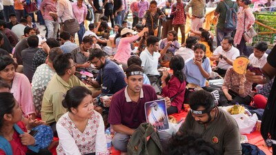 Kolkata: Junior doctors during their second day of 'dharna' over the RG Kar Hospital rape and murder incident, near Swasthya Bhawan. (PTI)