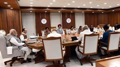 Prime Minister Narendra Modi, home minister Amit Shah, BJP national president JP Nadda and party leaders during the party central election committee meeting for Jammu and Kashmir and Haryana at the party headquarters. (HT Photo) Prime Minister Narendra Modi, home minister Amit Shah, BJP national president JP Nadda and party leaders during the party central election committee meeting for Jammu and Kashmir and Haryana at the party headquarters. (HT Photo)