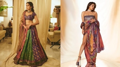 Sara Ali Khan's latest appearance featured her in an heirloom lehenga crafted of vintage brocade sarees; Priyanka Chopra's NMACC look from 2023 featured her in a couture gown crafted of a vintage Banarasi brocade saree (Photos: Instagram/mayyurgirotracouture, priyankachopra) Sara Ali Khan's latest appearance featured her in an heirloom lehenga crafted of vintage brocade sarees; Priyanka Chopra's NMACC look from 2023 featured her in a couture gown crafted of a vintage Banarasi brocade saree (Photos: Instagram/mayyurgirotracouture, priyankachopra)