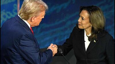 US Vice President and Democratic presidential candidate Kamala Harris (R) shakes hands with former US President and Republican presidential candidate Donald Trump during a presidential debate at the National Constitution Center in Philadelphia, Pennsylvania, on Wednesday. (AFP) US Vice President and Democratic presidential candidate Kamala Harris (R) shakes hands with former US President and Republican presidential candidate Donald Trump during a presidential debate at the National Constitution Center in Philadelphia, Pennsylvania, on Wednesday. (AFP)
