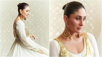 Kareena Kapoor exudes regal elegance in an ivory anarkali suit, adorned with a golden jacket. With glamorous makeup, a neat bun, and statement earrings, she flawlessly completed her ethnic look. (Instagram) Kareena Kapoor exudes regal elegance in an ivory anarkali suit, adorned with a golden jacket. With glamorous makeup, a neat bun, and statement earrings, she flawlessly completed her ethnic look. (Instagram)