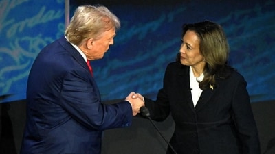 Vice President Kamala Harris shakes hands with former President Donald Trump during a presidential debate at the National Constitution Center in Philadelphia, Pennsylvania Vice President Kamala Harris shakes hands with former President Donald Trump during a presidential debate at the National Constitution Center in Philadelphia, Pennsylvania