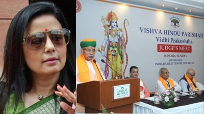 TMC MP Mahua Moitra has hit out at former judges for attending VHP event. TMC MP Mahua Moitra has hit out at former judges for attending VHP event.