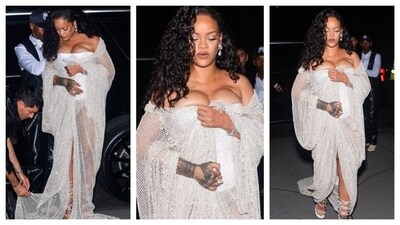 Rihanna's a sight to behold in a white corset bodysuit with a crystal mesh cape draped atop, hugging her curves gracefully. In theme with the monochrome look, she accessorized with a diamond bracelet, dangling earrings, and open-toed lace-up sandals. Her outfit had a cohesive contrast, the way the form-fitting corset bodysuit hugged her curves, while the breezy cape delicately draped her. Safe to say, she dazzled like a diamond in the white ensemble. (Instagram) Rihanna's a sight to behold in a white corset bodysuit with a crystal mesh cape draped atop, hugging her curves gracefully. In theme with the monochrome look, she accessorized with a diamond bracelet, dangling earrings, and open-toed lace-up sandals. Her outfit had a cohesive contrast, the way the form-fitting corset bodysuit hugged her curves, while the breezy cape delicately draped her. Safe to say, she dazzled like a diamond in the white ensemble. (Instagram)