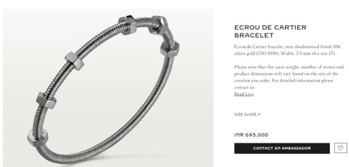 The Ecrou de Cartier bracelet is priced at INR 695000 on the official website of Cartier. (www.cartier.com)