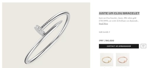 The Juste un Clou bracelet is priced at INR 1190000 on Cartier’s official website. (www.cartier.com)