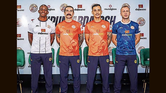 (From left) Punjab FC players Mushaga Bakenga, Luka Majcen, Vinit Rai and Filip Mrzljak at launch event in Chandigarh. (HT Photo)
