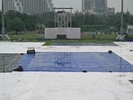 The covered ground is pictured after the one-off Test cricket match between Afghanistan and New Zealand, was called off due to rain. The covered ground is pictured after the one-off Test cricket match between Afghanistan and New Zealand, was called off due to rain.