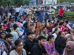 Kolkata: Junior doctors shout slogans as they sit on a dharna after the police stopped their protest march towards Swasthya Bhawan over the RG Kar Hospital rape and murder. Kolkata: Junior doctors shout slogans as they sit on a dharna after the police stopped their protest march towards Swasthya Bhawan over the RG Kar Hospital rape and murder.