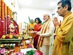 Prime Minister Narendra Modi at the home of Chief Justice of India DY Chandrachud in New Delhi on Wednesday. (PTI)