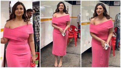 Parineeti Chopra stuns in a radiant pink bodycon dress with an off-shoulder neckline and a figure-hugging fit. Paired with stud earrings and nude stilettos, she styled the look to perfection. (Instagram) Parineeti Chopra stuns in a radiant pink bodycon dress with an off-shoulder neckline and a figure-hugging fit. Paired with stud earrings and nude stilettos, she styled the look to perfection. (Instagram)