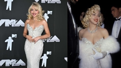 Sabrina Carpenter paid tribute to Madonna in a strapless white gown that the singer had originally worn to the Oscars in 1991. Sabrina Carpenter paid tribute to Madonna in a strapless white gown that the singer had originally worn to the Oscars in 1991.