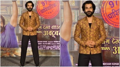 Rajkummar Rao stuns in a chic blazer adorned with a constellation of stars, perfectly paired with sleek, straight-fit black pants. The combination creates a strikingly sophisticated and dapper look. (HT photo/VarinderChawla) Rajkummar Rao stuns in a chic blazer adorned with a constellation of stars, perfectly paired with sleek, straight-fit black pants. The combination creates a strikingly sophisticated and dapper look. (HT photo/VarinderChawla)