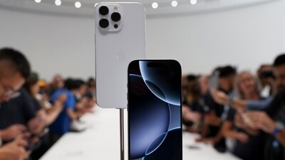 The new iPhone 16 is displayed during an announcement of new products at Apple headquarters. (AP) The new iPhone 16 is displayed during an announcement of new products at Apple headquarters. (AP)