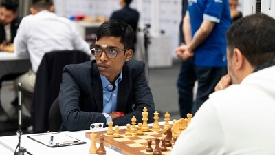 Rameshbabu Praggnanandhaa, of India, left, focuses during his game with Tissir Mohamed, of Morocco. (AP) Rameshbabu Praggnanandhaa, of India, left, focuses during his game with Tissir Mohamed, of Morocco. (AP)