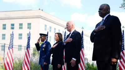 President Joe Biden and Democratic presidential nominee Vice President Kamala Harris attended a ceremony at the Pentagon in Washington, to commemorate the 23rd anniversary of the 9/11 attacks (AP/PTI) President Joe Biden and Democratic presidential nominee Vice President Kamala Harris attended a ceremony at the Pentagon in Washington, to commemorate the 23rd anniversary of the 9/11 attacks (AP/PTI)