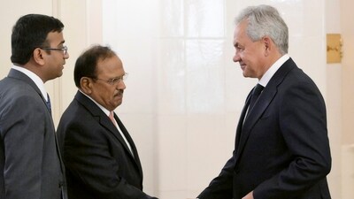 Russian Security Council Secretary Sergei Shoigu, right, shakes hands with Indian National Security Adviser Ajit Doval, second left, at the meeting of BRICS and BRICS Plus High-Level Security Officials in St. Petersburg, Russia, on Wednesday, Sept. 11, 2024. (AP) Russian Security Council Secretary Sergei Shoigu, right, shakes hands with Indian National Security Adviser Ajit Doval, second left, at the meeting of BRICS and BRICS Plus High-Level Security Officials in St. Petersburg, Russia, on Wednesday, Sept. 11, 2024. (AP)