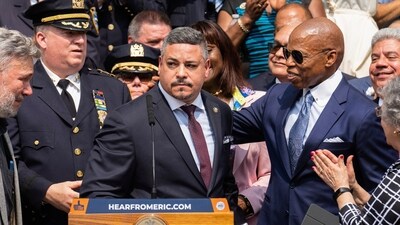 Edward A. Caban, centre, speaks after being sworn in as NYPD police commissioner outside New York City Police Department 40th Precinct on Monday, July 17, 2023, in New York. Mayor Eric Adams on the right. (AP) Edward A. Caban, centre, speaks after being sworn in as NYPD police commissioner outside New York City Police Department 40th Precinct on Monday, July 17, 2023, in New York. Mayor Eric Adams on the right. (AP)