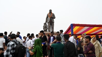 Noida, India- April 14, 2024: People seen on the occasion of the 133th birth anniversary of Dalit icon BR Ambedkar at Rashtriya Dalit Prerna Sthal, sector 95, in Noida, India, on Sunday, April 14, 2024. (Photo by Sunil Ghosh / Hindustan Times) (Hindustan Times) (HT_PRINT)