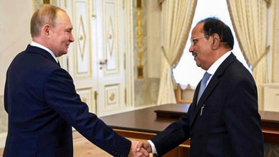New Delhi: National Security Advisor Ajit Doval during a meeting with Russian President Vladimir Putin at the Konstantinovsky Palace, in St. Petersburg, Russia. The meeting took place on the margins of a conclave of national security advisors of the BRICS (Brazil-Russia-India-China-South Africa) nations in St Petersburg. (PTI Photo) (PTI) New Delhi: National Security Advisor Ajit Doval during a meeting with Russian President Vladimir Putin at the Konstantinovsky Palace, in St. Petersburg, Russia. The meeting took place on the margins of a conclave of national security advisors of the BRICS (Brazil-Russia-India-China-South Africa) nations in St Petersburg. (PTI Photo) (PTI)