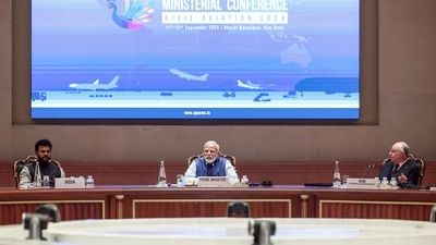 Prime Minister Narendra Modi addresses the 2nd Asia Pacific Ministerial Conference on Civil Aviation, as Union Civil Aviation Minister Kinjarapu Rammohan Naidu looks on, at the Bharat Mandapam, in New Delhi on Thursday. (ANI) Prime Minister Narendra Modi addresses the 2nd Asia Pacific Ministerial Conference on Civil Aviation, as Union Civil Aviation Minister Kinjarapu Rammohan Naidu looks on, at the Bharat Mandapam, in New Delhi on Thursday. (ANI)