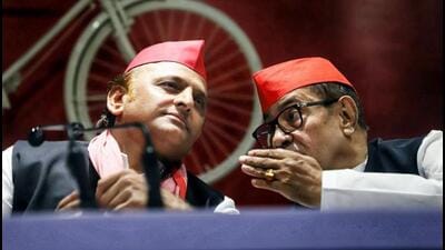 Samajwadi Party (SP) president Akhilesh Yadav with party secretary general Ram Gopal Yadav during the press conference over the ‘Ayodhya land scam’, at the party office, in Lucknow on Thursday. (ANI Photo) Samajwadi Party (SP) president Akhilesh Yadav with party secretary general Ram Gopal Yadav during the press conference over the ‘Ayodhya land scam’, at the party office, in Lucknow on Thursday. (ANI Photo)