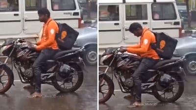 This image of a drenched Swiggy agent has left people with heavy hearts. (Screengrab) This image of a drenched Swiggy agent has left people with heavy hearts. (Screengrab)