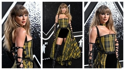 Taylor Swift gave Cher Horowitz's iconic yellow dress a modern, punk-rock twist. Her edgy, glam-punk ensemble had a fitted, mustard-yellow and black plaid corset dress, with a skirt that parted to reveal dramatic black shorts. Leather gloves extended into leather straps that criss-crossed past her wrists. She accessorized with a matching plaid choker and black thigh-high boots. The Dior corset dress added a touch of fierce femininity to the rebellious, grunge-inspired look. Her ensemble feels like a fusion of her Evermore and Reputation eras. Taylor Swift, with Post Malone, won the 2024 MTV Video Music Awards for best collaboration for ‘Fortnight’ from her album ‘Tortured Poets Department.’ (Instagram) Taylor Swift gave Cher Horowitz's iconic yellow dress a modern, punk-rock twist. Her edgy, glam-punk ensemble had a fitted, mustard-yellow and black plaid corset dress, with a skirt that parted to reveal dramatic black shorts. Leather gloves extended into leather straps that criss-crossed past her wrists. She accessorized with a matching plaid choker and black thigh-high boots. The Dior corset dress added a touch of fierce femininity to the rebellious, grunge-inspired look. Her ensemble feels like a fusion of her Evermore and Reputation eras. Taylor Swift, with Post Malone, won the 2024 MTV Video Music Awards for best collaboration for ‘Fortnight’ from her album ‘Tortured Poets Department.’ (Instagram)