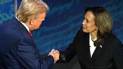 US Vice President and Democratic presidential candidate Kamala Harris (R) shakes hands with former US President and Republican presidential candidate Donald Trump during a presidential debate at the National Constitution Center in Philadelphia, Pennsylvania, on Wednesday. (AFP) US Vice President and Democratic presidential candidate Kamala Harris (R) shakes hands with former US President and Republican presidential candidate Donald Trump during a presidential debate at the National Constitution Center in Philadelphia, Pennsylvania, on Wednesday. (AFP)