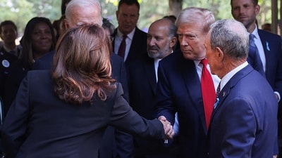Republican presidential nominee and former U.S. President Donald Trump shook hands with Democratic presidential nominee and Vice President Kamala Harris on the day of the ceremony less than 12 hours after they engaged in a presidential debate ahead of elections. (. REUTERS/Mike Segar )