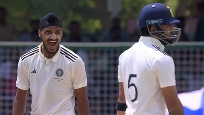 Arshdeep Singh shows Riyan Parag his place, brings him to ground with furious send-off in Duleep Trophy Arshdeep Singh shows Riyan Parag his place, brings him to ground with furious send-off in Duleep Trophy