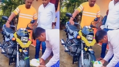 A video of a man celebrating his bike’s birthday has gone viral, showcasing a heartfelt bond between men and their vehicles. (X/@Shahrcasm) A video of a man celebrating his bike’s birthday has gone viral, showcasing a heartfelt bond between men and their vehicles. (X/@Shahrcasm)
