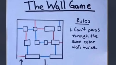The brain teaser shared on Reddit, 'The Wall Game' challenges internet users to navigate a grid with coloured walls, crossing each only once. (Reddit/@special_quiet19)
