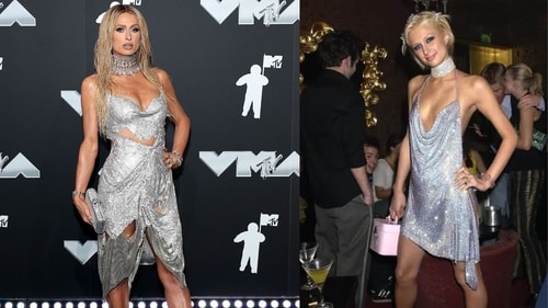 Paris Hilton brings back a shredded version of her iconic 21st birthday dress look. Paris Hilton brings back a shredded version of her iconic 21st birthday dress look.