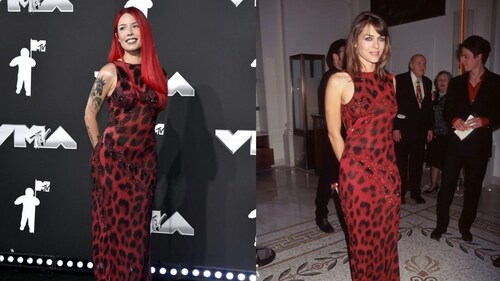Halsey honours Elizabeth Hurley she wears her 1991 red dress. Halsey honours Elizabeth Hurley she wears her 1991 red dress.