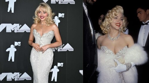 Sabrina Carpenter dazzles in a sparkly dress while having a Madonna and Marilyn moment at the red carpet of VMAs. Sabrina Carpenter dazzles in a sparkly dress while having a Madonna and Marilyn moment at the red carpet of VMAs.