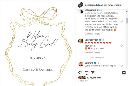 Deepika and Ranveer Singh shared a joint post announcing the news. Deepika and Ranveer Singh shared a joint post announcing the news.