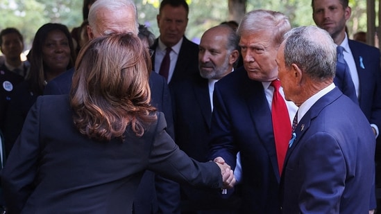 Republican presidential nominee and former U.S. President Donald Trump shook hands with Democratic presidential nominee and Vice President Kamala Harris on the day of the ceremony less than 12 hours after they engaged in a presidential debate ahead of elections.(. REUTERS/Mike Segar )