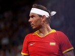 Rafael Nadal of Spain reacts during a match.