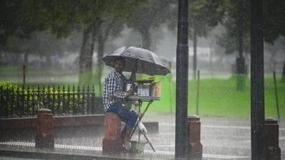 A vendor during the rain at Kartavya Path near India Gate in New Delhi on Friday. (Raj K Raj/HT Photo) A vendor during the rain at Kartavya Path near India Gate in New Delhi on Friday. (Raj K Raj/HT Photo)