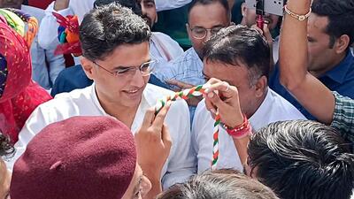 Congress leader Sachin Pilot welcomed by party workers at Jodhpur railway station on Friday. (ANI) Congress leader Sachin Pilot welcomed by party workers at Jodhpur railway station on Friday. (ANI)
